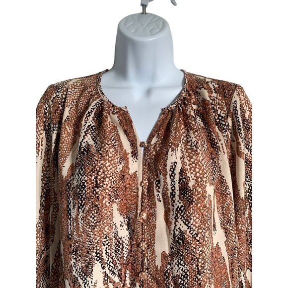 Nine West Womens Petite Snake Print Blouse Brown & Cream Long Sleeve Size PS - Picture 2 of 10